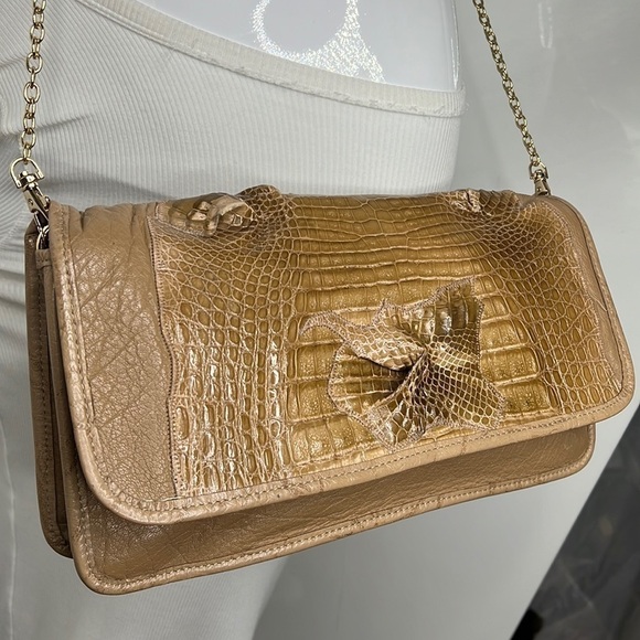 Carlos Falchi Exotic Crocodile Alligator and Leather Snap Envelope Clutch Bag